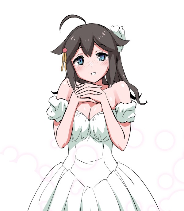 1girl ahoge alternate_costume black_hair blue_eyes breasts cleavage dress hair_down hair_ornament kantai_collection long_hair medium_breasts off-shoulder_dress off_shoulder own_hands_clasped own_hands_together shigure_(kancolle) shigure_kai_san_(kancolle) simple_background smile solo tamu_(mad_works) white_background white_dress
