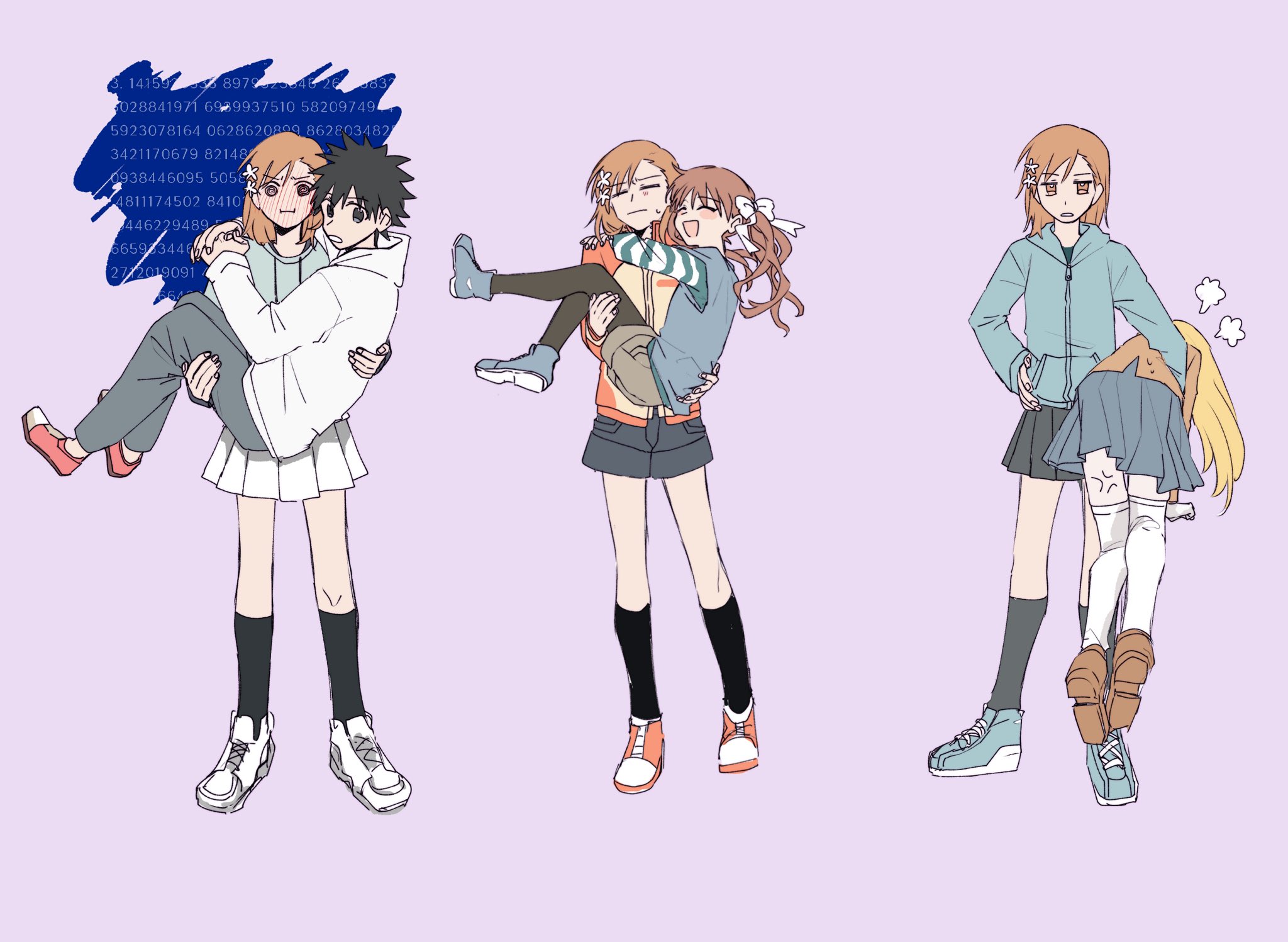 1boy 3girls anger_vein black_hair black_shorts black_skirt blonde_hair blue_jacket blue_screen_of_death blue_shoes blush bow brown_eyes brown_hair brown_shorts carrying carrying_person commentary grey_pants hair_bow hair_ornament hairpin highres hood hoodie jaajaa3322 jacket kamijou_touma kneehighs long_hair medium_hair miniskirt misaka_mikoto multiple_girls multiple_views orange_jacket orange_shoes pants pleated_skirt princess_carry reverse_princess_carry school_uniform shirai_kuroko shoes shokuhou_misaki short_hair short_shorts shorts simple_background skirt socks symbol-only_commentary thighhighs toaru_kagaku_no_railgun toaru_majutsu_no_index tokiwadai_school_uniform white_bow white_hoodie white_shoes white_skirt white_thighhighs