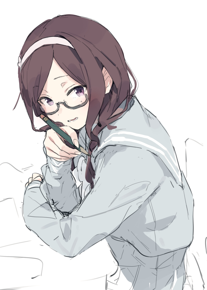 1girl alternate_costume alternate_hairstyle brown_hair cevio commentary cowboy_shot elbows_on_table from_side glasses grey_sailor_collar grey_serafuku grey_shirt grey_skirt hair_over_shoulder hairband highres hitogome holding holding_pencil long_hair long_sleeves looking_at_viewer looking_to_the_side mole mole_under_eye natsuki_karin on_chair pencil pleated_skirt purple_eyes sailor_collar school_uniform serafuku shirt simple_background sitting skirt smile solo swept_bangs symbol-only_commentary synthesizer_v table unfinished white_background white_hairband
