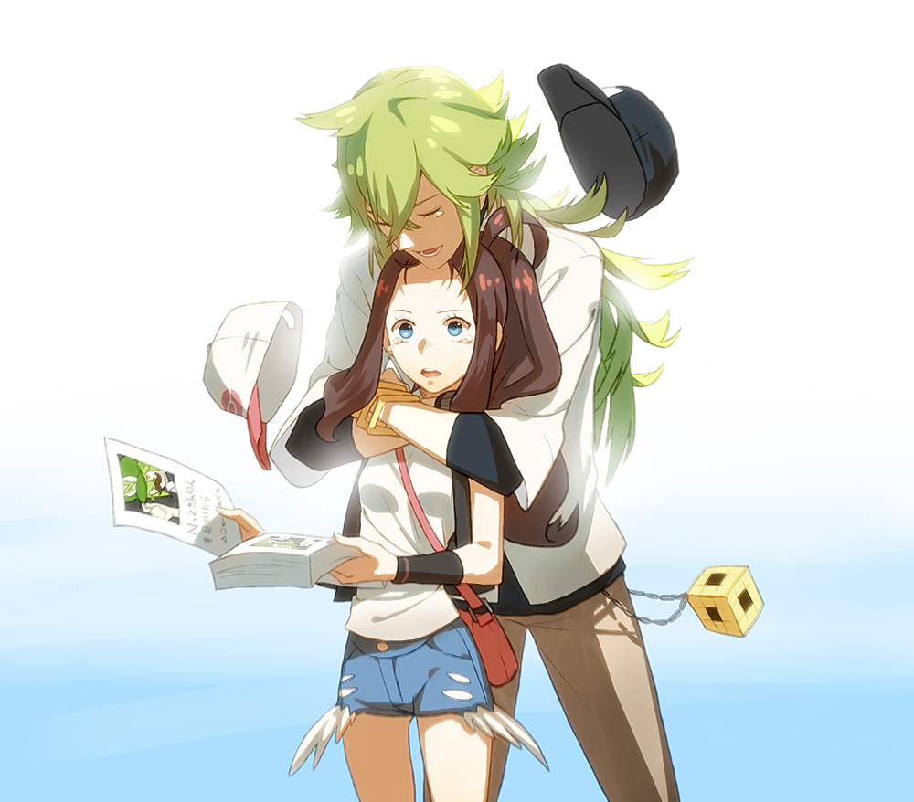 1boy 1girl bad_id bad_pixiv_id bag baseball_cap blue_eyes brown_hair closed_eyes cosplay couple denim denim_shorts facial_hair flyer green_hair hat height_difference hetero hilda_(pokemon) hug hug_from_behind kitsune_n long_hair luigi luigi_(cosplay) mario_(series) mustache n_(pokemon) nintendo pokemon pokemon_bw ponytail short_shorts shorts shoulder_bag smile super_mario_bros._1 surprised tears unworn_hat unworn_headwear vest wristband