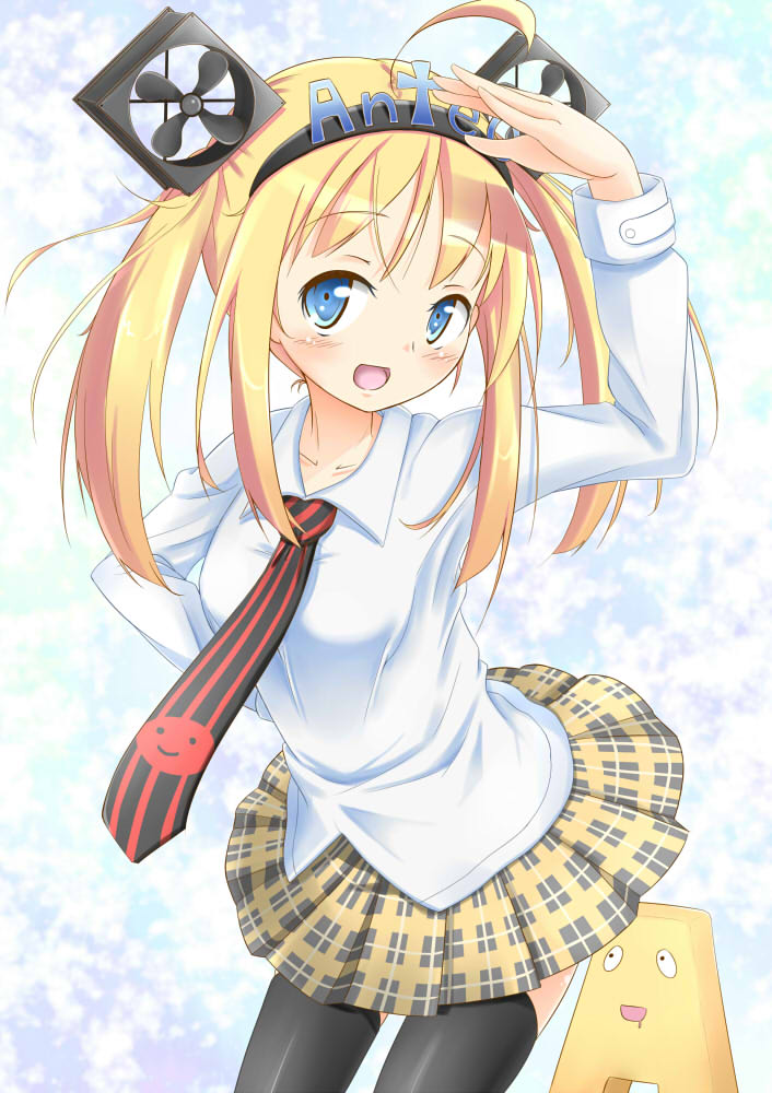 ahoge antec antecco antekkun arm_up bad_id bad_pixiv_id blonde_hair blue_eyes blush circle_skirt computer_fan dress_shirt hair_ornament implied_pantyshot necktie open_mouth plaid_clothes plaid_skirt rinku shirt skirt solo thighhighs twintails