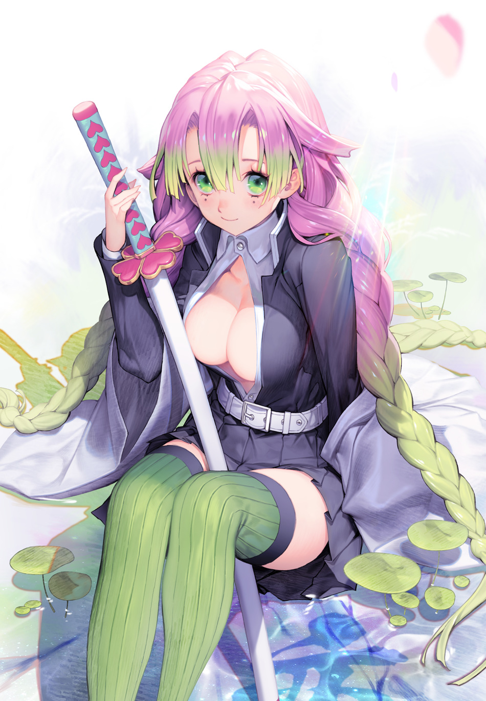 1girl belt belt_buckle between_legs black_jacket black_skirt blush braid breasts buckle cleavage closed_mouth collared_shirt commentary_request copyright_name demon_slayer_uniform feet_out_of_frame gradient_hair green_eyes green_hair green_thighhighs grey_shirt heart highres holding holding_sword holding_weapon jacket kanroji_mitsuri katana kimetsu_no_yaiba knees_up large_breasts lily_pad long_hair long_sleeves looking_at_viewer mandrill miniskirt mole mole_under_eye multicolored_hair open_clothes open_jacket open_shirt petals pink_hair pleated_skirt shallow_water sheath sheathed shirt sitting skirt smile solo sword sword_between_thighs thighhighs twin_braids very_long_hair water weapon