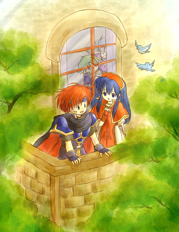 1girl 3boys armor balcony bird blue_eyes blue_hair bluebird book cape couple dress closed_eyes fingerless_gloves fire_emblem fire_emblem:_the_binding_blade gloves green_hair hand_on_own_chest hand_on_shoulder hat headband lilina_(fire_emblem) long_hair marcus_(fire_emblem) multiple_boys nintendo open_mouth red-50869 red_hair roy_(fire_emblem) shaking_head short_hair smile tree window wolt_(fire_emblem)