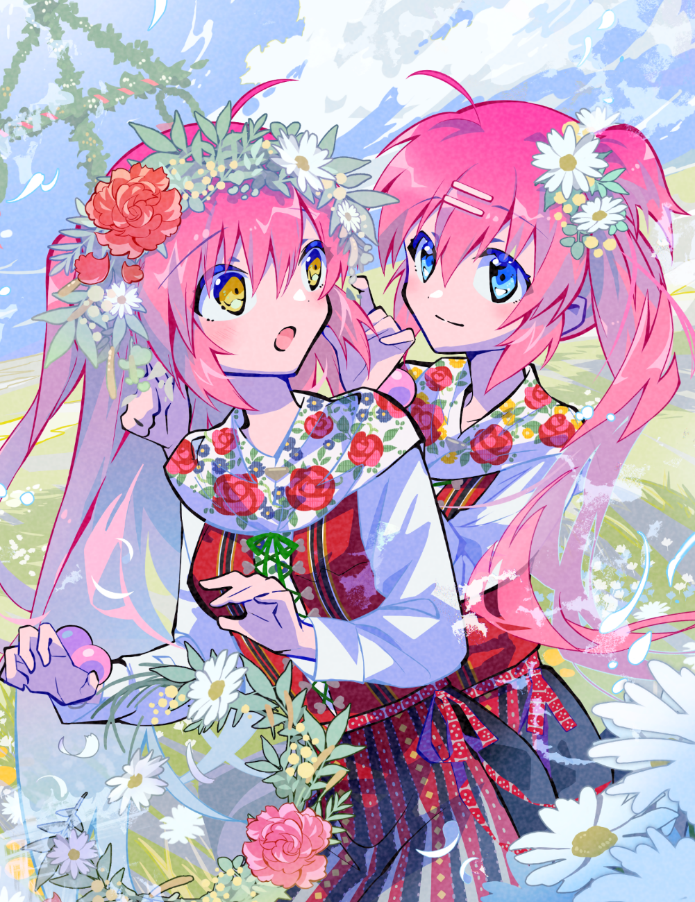 2girls blush floral_print flower futaki_kanata hair_bobbles hair_flower hair_ornament highres key_(company) kusarukusa little_busters! long_hair multiple_girls outdoors plant purple_hair siblings side_ponytail sisters twins very_long_hair yellow_eyes