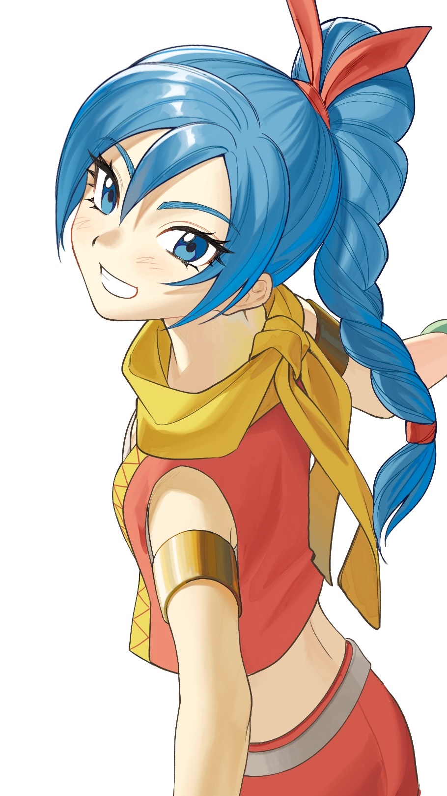 1girl armlet belt blue_eyes blue_hair bow braid braided_ponytail breasts cowboy_shot crop_top double-parted_bangs dragon_quest dragon_quest_xi grey_belt grin hair_between_eyes hair_bow happy highres jewelry long_hair looking_at_viewer looking_back maya_(dq11) neckerchief orange_shirt orange_skirt outstretched_arms ra_ra_rairu red_bow shirt simple_background skirt small_breasts smile solo tsurime white_background yellow_neckerchief yellow_trim