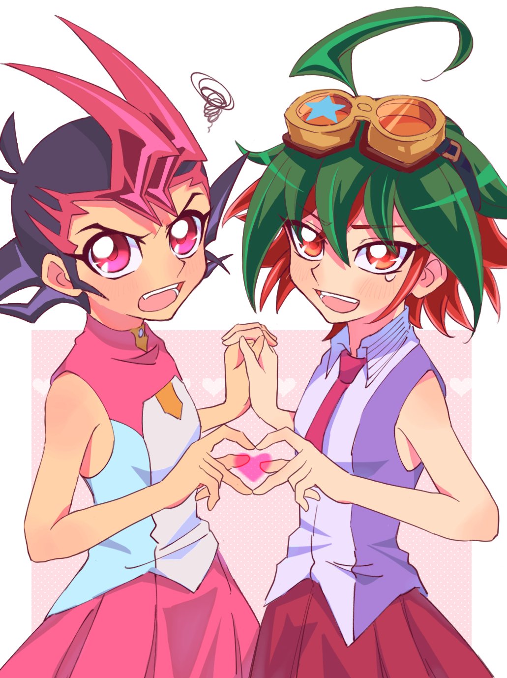 2boys ahoge bare_shoulders black_hair cosplay cowboy_shot crossdressing green_hair heart heart_hands heart_hands_duo highres hiiragi_yuzu hiiragi_yuzu_(cosplay) male_focus mizuki_kotori_(yu-gi-oh!) mochimochi_sei multicolored_hair multiple_boys open_mouth pink_skirt purple_eyes purple_shirt red_eyes red_hair red_skirt shirt single_tear skirt spiked_hair tsukumo_yuma two-tone_hair yu-gi-oh! yu-gi-oh!_arc-v yu-gi-oh!_zexal