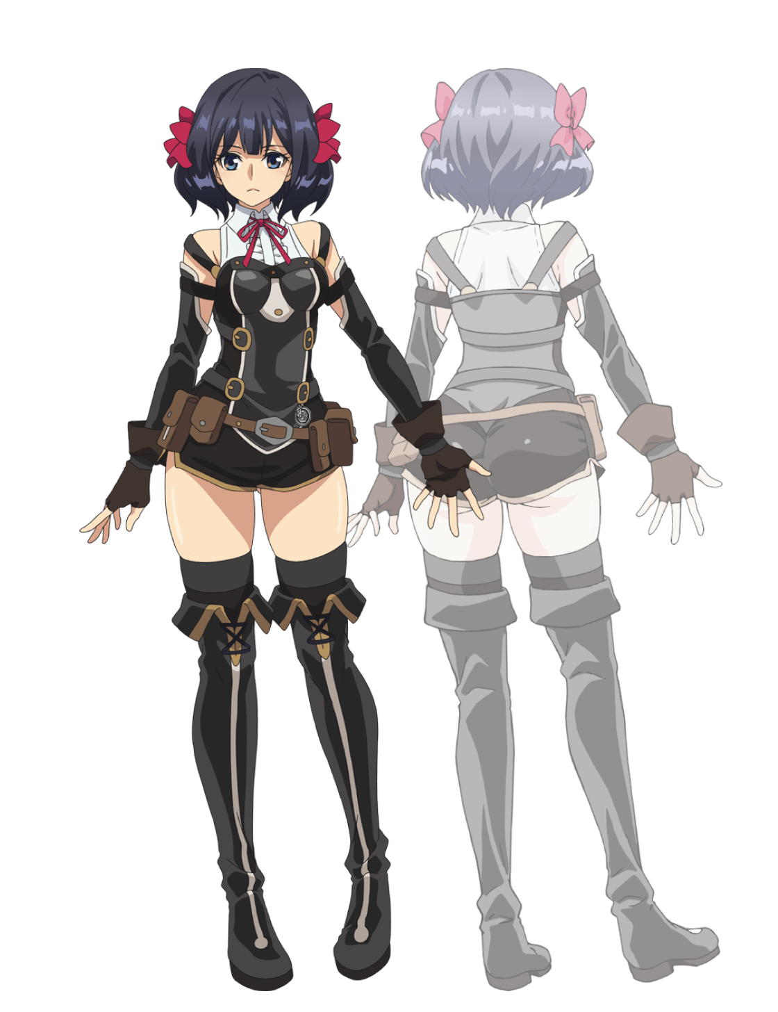 1girl arched_back ass black_hair black_romper blue_eyes blunt_bangs blush boots breasts brown_gloves center_frills reference_sheet cowboy_shot curvy double-parted_bangs fingerless_gloves frilled_shirt frills gloves highres looking_at_viewer medium_hair multiple_views nageki_no_bourei_wa_intaishitai neck_ribbon official_art parted_hair red_ribbon ribbon romper shiny_skin shirt skin_tight skindentation skirt sleeveless sleeveless_shirt strap_slip thigh_boots tino_shade transparent_background white_skirt wide_hips