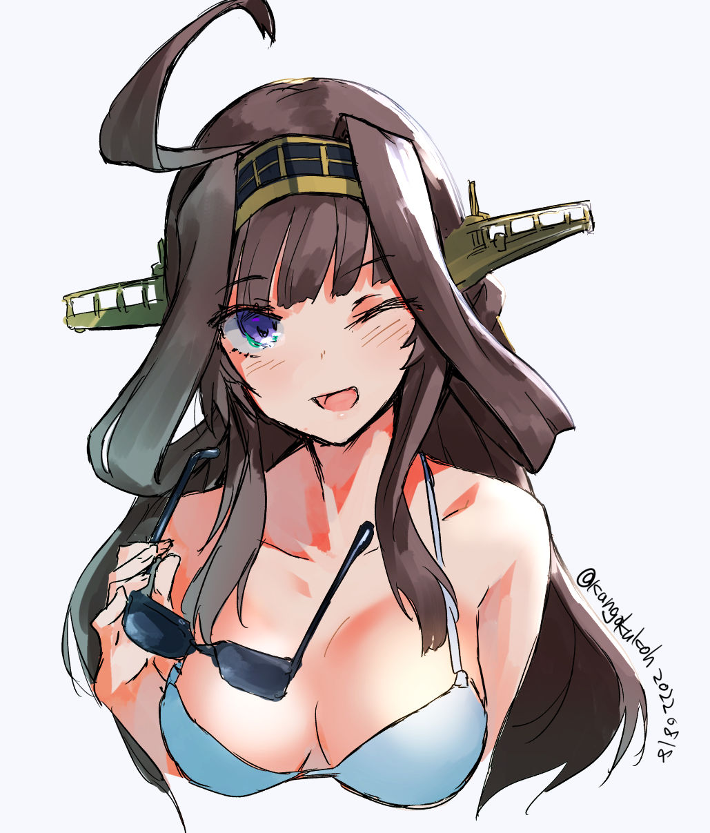 1girl ahoge bikini blue_bikini blue_eyes breasts brown_hair cropped_torso double_bun unworn_eyewear hair_bun hairband highres holding holding_removed_eyewear kangoku_kou kantai_collection kongou_(kancolle) large_breasts long_hair looking_at_viewer one-hour_drawing_challenge one_eye_closed simple_background solo swimsuit upper_body white_background