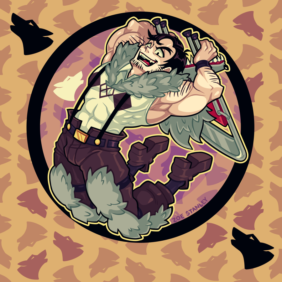 1boy beowulf_(skullgirls) black_hair bleedingpervert brown_background chair facial_hair folding_chair full_body fur_trim hood muscular muscular_male open_mouth pelt short_hair skullgirls smile solo stubble suspenders wristband