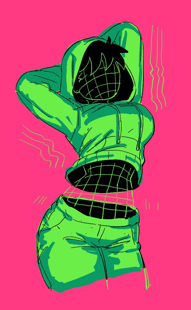 1girl arms_behind_head arms_up cropped_legs dancho_no_mori drawstring genderswap genderswap_(mtf) hood hood_up hoodie little_mac midriff nintendo pants pink_background punch-out!! solo sweatpants wireframe
