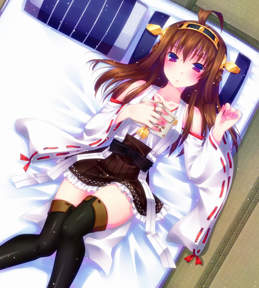10s 1girl :&lt; ahoge bad_id bad_pixiv_id book brown_hair detached_sleeves door_to_heaven female_focus futon hairband japanese_clothes kantai_collection kongou_(kancolle) long_hair looking_at_viewer lying nontraditional_miko pillow purple_eyes solo tatami thighhighs wide_sleeves