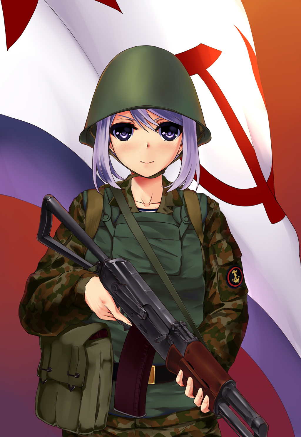 1girl ak-74 aks-74 ammunition_belt ammunition_pouch assault_rifle camouflage camouflage_jacket closed_mouth gun hair_between_eyes helmet highres holding holding_gun holding_weapon jacket kalashnikov_rifle long_hair long_sleeves looking_at_viewer military_combat_uniform military_fatigues military_uniform mizuki_(mizuki_ame) multicolored_pants original pants pouch purple_eyes purple_hair red_star rifle shirt smile solo soviet_army soviet_flag star_(symbol) striped_clothes striped_shirt telnyashka trigger_discipline vest weapon