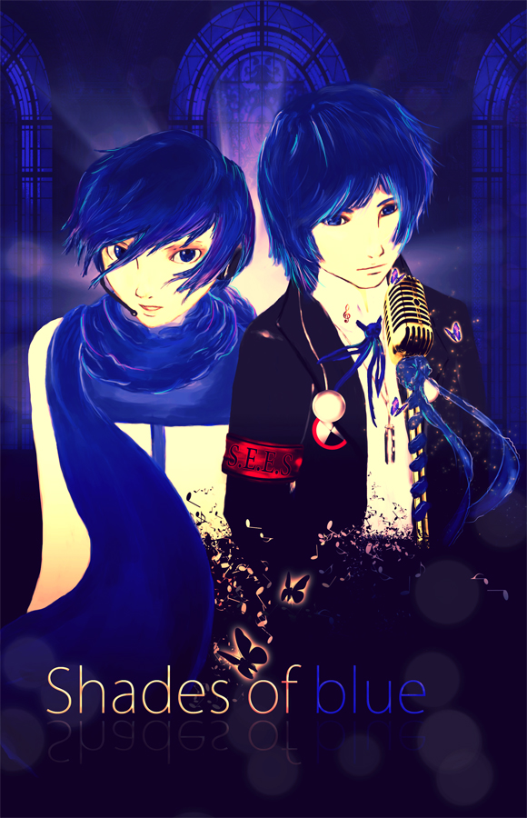 2boys atlus blue_hair blue_theme cosplay crossover game kaito_(vocaloid) multiple_boys persona persona_3 tartarus vocaloid yuuki_makoto_(persona_3)