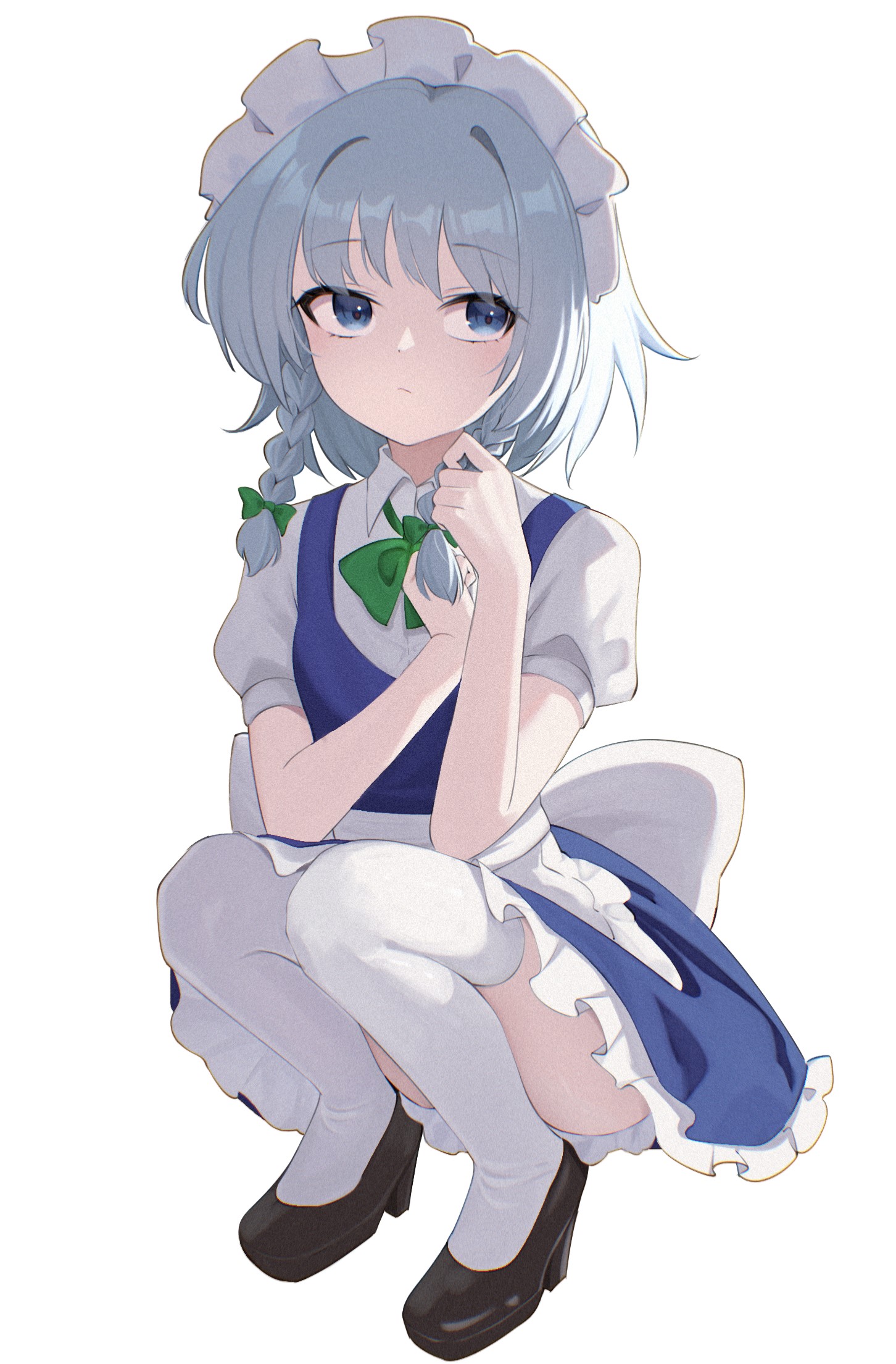 1girl apron back_bow black_shoes blue_eyes bow braid breasts closed_mouth collared_shirt dot_nose full_body green_bow grey_hair hair_bow highres izayoi_sakuya large_bow maid maid_apron maid_headdress multiple_hair_bows oeyama ribbon shirt shoes short_hair short_sleeves simple_background small_breasts squatting thighhighs touhou twin_braids waist_apron white_background white_thighhighs
