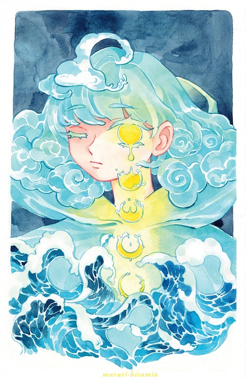 1girl artist_name blue_background blue_cloak blue_clouds blue_hair blue_sky border cloak closed_mouth cloud_hair colored_eyelashes curly_hair dripping expressionless eyelashes falling glowing glowing_eyes highres limited_palette liquid long_hair maruti_bitamin moon moon_phases ocean one_eye_closed original painting_(medium) sky solo traditional_media upper_body water watercolor_(medium) waves white_border yellow_eyes yellow_light