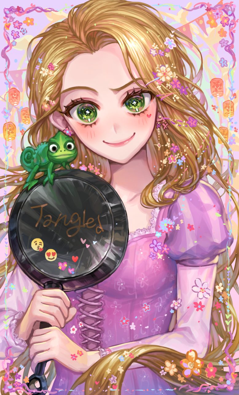 1girl animal aqua_flower blonde_hair breasts chameleon closed_mouth collarbone colorful copyright_name cross-laced_clothes disney dress earrings emoji eyelashes facepaint floating_hair floral_print flower flower_earrings frying_pan green_eyes heart highres holding holding_frying_pan jewelry juliet_sleeves lace lace-trimmed_dress lace_trim lantern light_blush long_hair long_sleeves looking_at_viewer micha multicolored_background orange_flower paper_lantern pascal_(tangled) puffy_sleeves purple_background purple_dress purple_flower rapunzel_(disney) red_flower simple_background small_breasts smile solo sparkling_eyes striped_sleeves tangled tareme very_long_hair white_flower