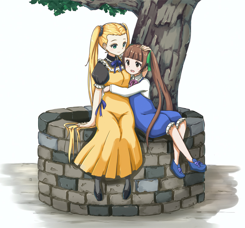 10s 2girls ame. aoki_hagane_no_arpeggio blonde_hair brown_eyes brown_hair dress green_eyes haruna_(aoki_hagane_no_arpeggio) hug long_hair md5_mismatch multiple_girls osakabe_makie overalls pantyhose resolution_mismatch sitting tree twintails very_long_hair well