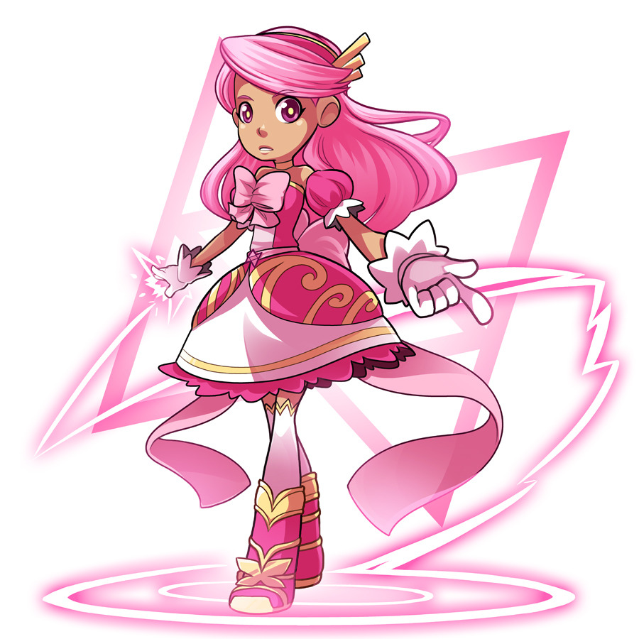 1girl alchemical_aether back_bow bad_id bad_tumblr_id boots bow dress gloves headband long_hair magical_girl mary_cagle pink_dress pink_eyes pink_footwear pink_hair sleepless_domain tessa_quinn thighhighs triangle white_gloves zettai_ryouiki