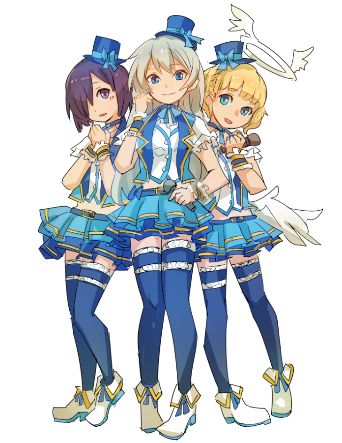 3girls angel angel_wings blonde_hair blue_eyes blue_thighhighs full_body geetgeet grey_hair hair_over_one_eye halo hat idol_clothes long_hair low_wings lucille_aleister microphone mini_hat mini_top_hat misty_sheikh multiple_girls pop-up_story purple_eyes purple_hair short_hair simple_background skirt thighhighs top_hat ursula_raiment white_background wings