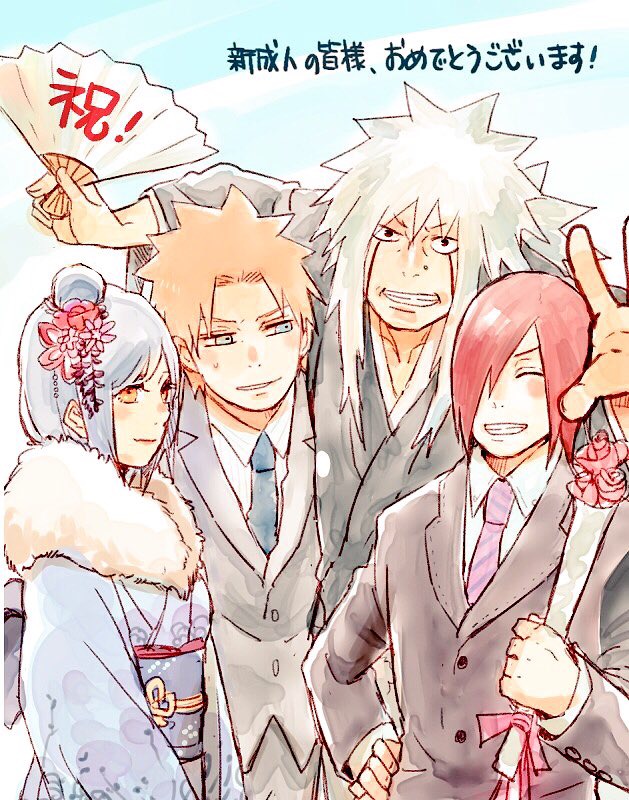 1girl 3boys blue_hair flower formal_clothes grin hair_flower hair_ornament jacket japanese_clothes jiraiya_(naruto) kimono konan_(naruto) long_hair long_sleeves looking_at_viewer meitarou multiple_boys nagato_(naruto) naruto_(series) naruto_shippuuden orange_eyes orange_hair red_hair short_hair smile suit yahiko_(naruto)