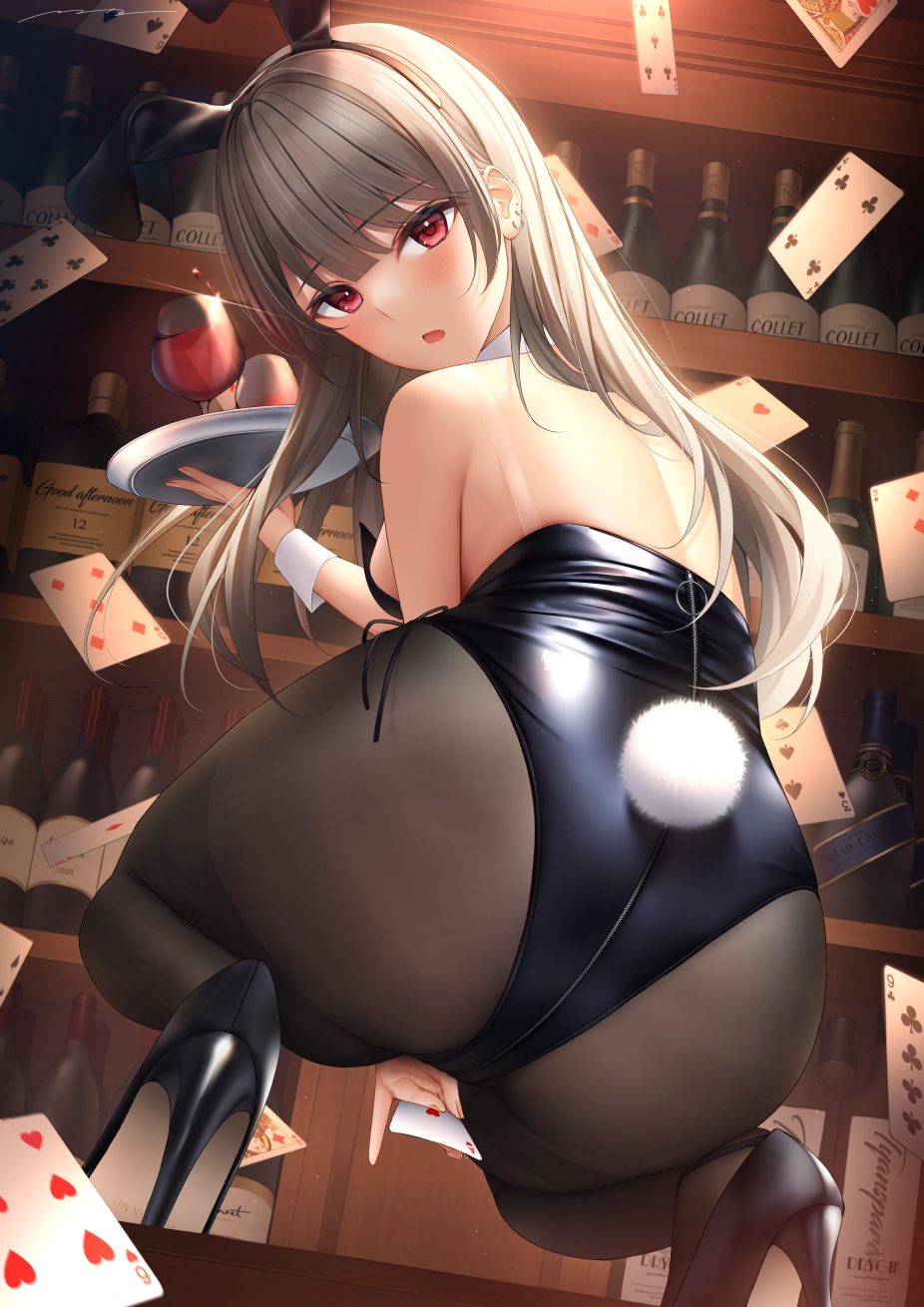 1girl :o ace_(playing_card) ace_of_hearts alcohol animal_ears ass bad_id bad_pixiv_id bar_(place) bare_back bare_shoulders black_leotard black_pantyhose blunt_bangs blush bottle breasts card club_(shape) cup detached_collar diamond_(shape) drinking_glass ear_piercing fake_animal_ears fake_tail five_of_clubs five_of_diamonds five_of_spades four_of_clubs grey_hair heart high_heels highres holding holding_card holding_tray jack_(playing_card) jack_of_hearts leotard long_hair looking_at_viewer looking_back mhru nail_polish nine_of_clubs open_mouth original pantyhose piercing playboy_bunny playing_card queen_(playing_card) queen_of_diamonds rabbit_ears rabbit_tail red_eyes seven_of_clubs shelf side-tie_leotard sideboob signature six_of_hearts sleeveless solo spade_(shape) squatting tail thighband_pantyhose three_of_diamonds three_of_spades tray two_of_hearts wine wine_bottle wine_glass wrist_cuffs zipper_pull_tab