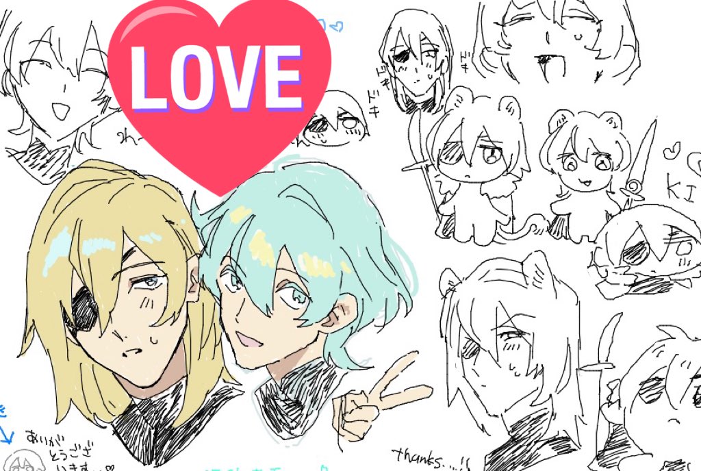 2boys animal_ears arrow_(symbol) black_shirt blonde_hair blue_eyes blush chibi chibi_inset closed_eyes closed_mouth dimitri_alexandre_blaiddyd eyepatch fire_emblem fire_emblem:_three_houses green_eyes green_hair hair_between_eyes hand_up heart holding holding_polearm holding_weapon light_blush lion_boy lion_ears lion_tail looking_at_viewer looking_to_the_side male_byleth_(enlightened)_(fire_emblem) male_byleth_(fire_emblem) male_focus medium_hair multiple_boys multiple_views nintendo one_eye_covered open_mouth parted_lips peace polearm shirt shumatsu3210 sideways_glance simple_background sketch smile sweat tail teeth translation_request turtleneck turtleneck_shirt v weapon white_background yaoi