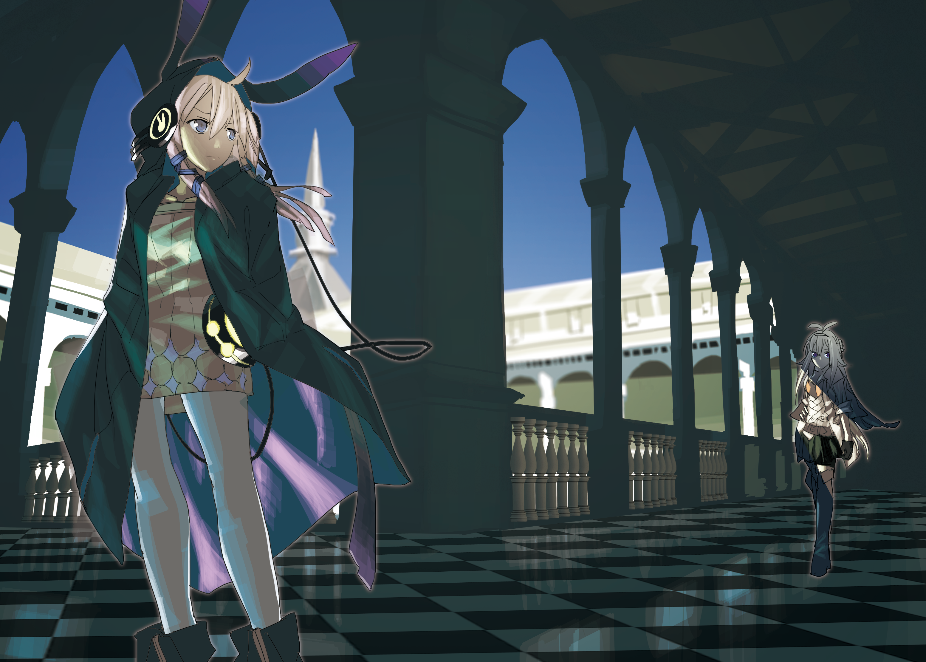 2girls ahoge animal_hood antenna_hair arch black_coat boots checkered_floor closed_mouth coat commentary_request dress feet_out_of_frame fuhak full_body glasses headphones highres hood hood_up hooded_coat long_hair looking_to_the_side multiple_girls rabbit_hood short_sleeves sidelocks sweater sweater_dress thigh_boots vocaloid voiceroid white_hair yuzuki_yukari yuzuki_yukari_(lin)