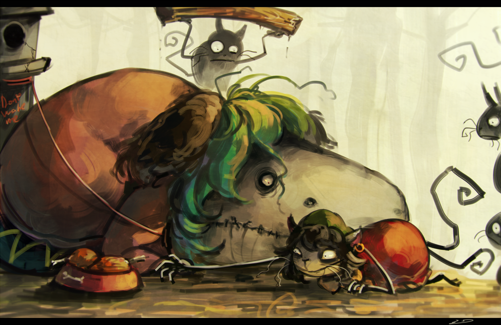 2girls animalization bowl brown_hair cat chen floppy_ears food green_hair hat kasodani_kyouko kasodani_kyouko_(yamabiko) koto_inari leash letterboxed meat multiple_girls pet_bowl short_hair theft touhou yamabiko