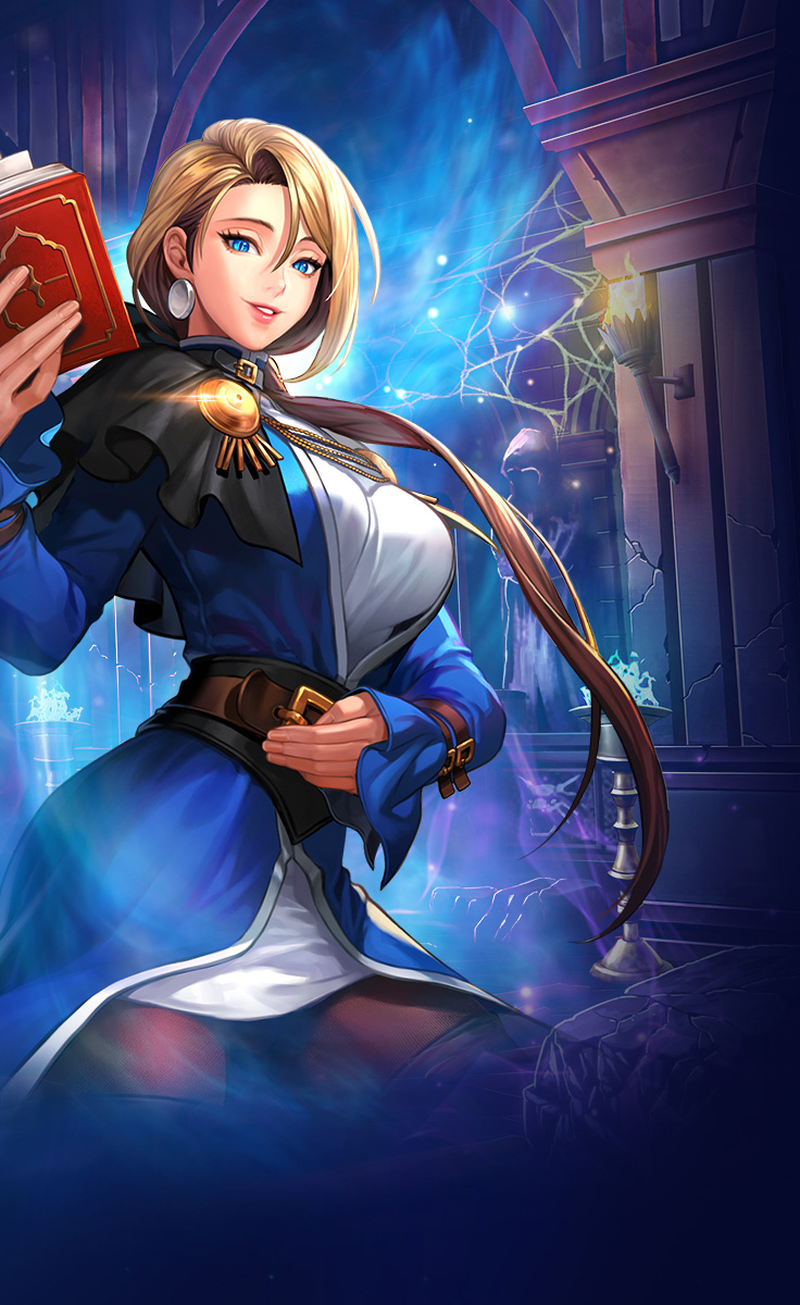 1girl belt blonde_hair blue_dress breasts brown_belt dress genderswap genderswap_(mtf) goeniko habit highres large_breasts long_hair long_sleeves looking_at_viewer official_art ponytail pretty_goenitz slit_pupils smile snk solo the_king_of_fighters the_king_of_fighters_all-stars