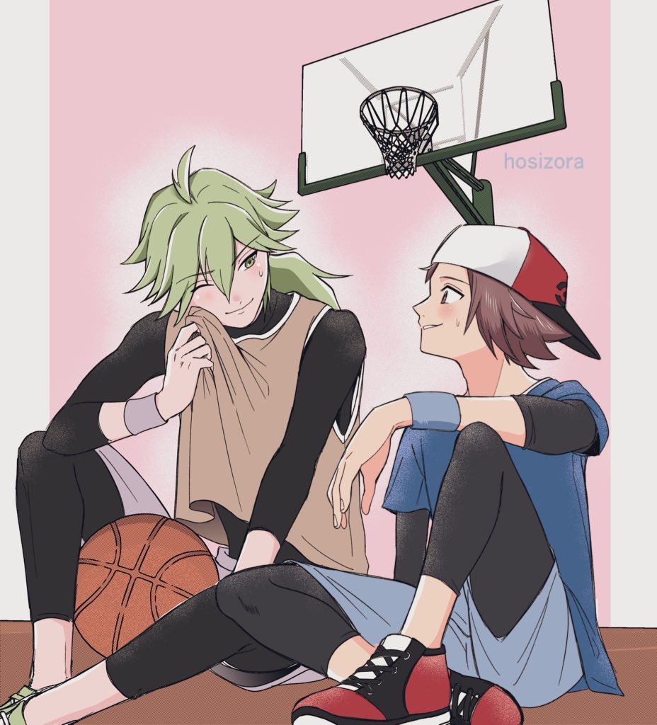 2boys ;) alternate_costume backwards_hat ball basketball_(object) basketball_hoop black_leggings black_shirt blue_shirt blue_shorts brown_hair brown_vest closed_mouth commentary_request green_eyes hat hilbert_(pokemon) houseki_modoki leggings lifting_own_clothes male_focus multiple_boys n_(pokemon) nintendo one_eye_closed parted_lips pokemon pokemon_bw red_footwear shirt shoes short_hair shorts sitting smile sneakers t-shirt vest vest_lift