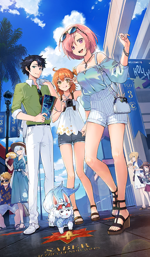 2boys 5girls :d :q ahoge anastasia_(fate) arm_at_side artoria_pendragon_(fate) bag bare_shoulders belt black_belt black_hair blonde_facial_hair blonde_hair blue_dress blue_eyes blue_jacket blue_shirt blue_shorts blue_sky bracelet breasts brown_hair brown_hat brown_sandals building bun_with_braided_base camera camera_around_neck chaldea_logo closed_mouth cloud collarbone collared_shirt commentary creature criss-cross_halter day denim denim_shorts dress dutch_angle english_commentary english_text eyewear_hang eyewear_on_head facial_hair fat fat_man fate/grand_order fate_(series) food fou_(fate) fujimaru_ritsuka_(female) fujimaru_ritsuka_(male) goredolf_musik green_shirt hair_between_eyes hair_bun hair_over_one_eye halterneck hand_fan hand_up handbag hat hawaiian_shirt height_difference high-waist_shorts holding holding_bag holding_camera holding_fan holding_food holding_jacket holding_paper holding_unworn_clothes jacket jewelry legs_apart leonardo_da_vinci_(fate) leonardo_da_vinci_(fate/grand_order) leonardo_da_vinci_(rider)_(fate) long_hair long_sleeves mash_kyrielight medium_hair multiple_boys multiple_girls mustache nagu no_socks novum_chaldea off-shoulder_shirt off_shoulder official_alternate_costume official_art one_eye_covered one_side_up open_mouth orange_eyes orange_hair outdoors over_shoulder palm_tree pants paper paper_fan pendant pink_hair pinstripe_shorts polo_shirt puffy_long_sleeves puffy_sleeves purple_eyes red_skirt road saber_(fate) sandals shirt shoes short_dress short_shorts short_sleeves shorts sidelocks sidewalk single_hair_bun skirt sky sleeveless sleeveless_shirt sleeves_rolled_up smile standing star-shaped_eyewear star_(symbol) street sun_hat sunglasses sunlight teeth third-party_source three-quarter_sleeves tongue tongue_out tree uchiwa unworn_eyewear unworn_jacket upper_teeth_only v v-neck v_over_eye very_long_hair white_bag white_belt white_dress white_hair white_pants white_shirt white_shoes white_shorts wing_collar