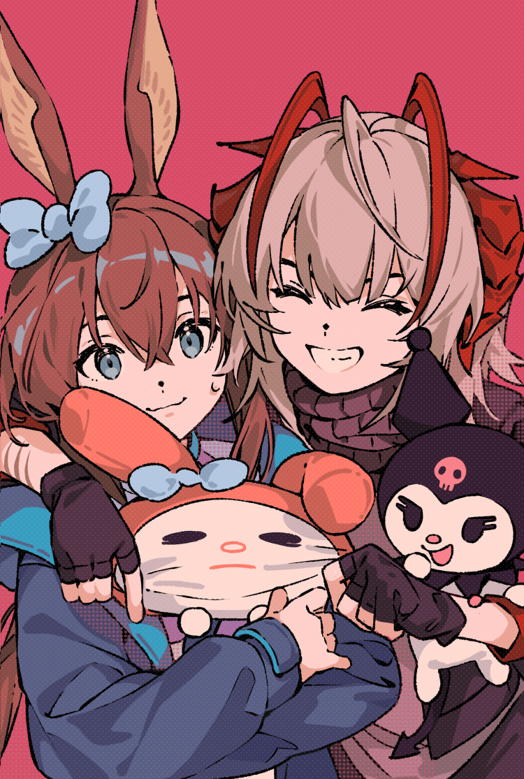 2girls amiya_(arknights) antenna_hair arknights arm_around_shoulder black_gloves black_jacket blue_bow blue_eyes blue_jacket bow brown_hair cheek_pull closed_eyes commentary crossed_arms demon_horns english_commentary favilia fingerless_gloves gloves grey_hair grey_shirt grin hair_bow holding horns jacket kuromi multiple_girls my_melody nervous_smile onegai_my_melody pink_background red_hair sanrio scar scar_on_arm shirt simple_background smile sweat w_(arknights) white_shirt