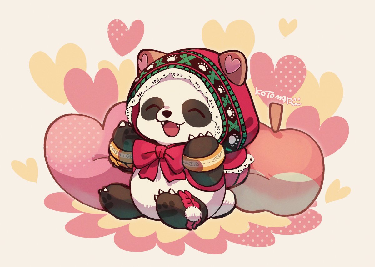 animal_focus anklet bow bracelet claws closed_eyes fangs full_body heart heart-shaped_pillow hood jewelry kotorai no_humans open_mouth panda_(tekken) pillow red_bow signature sitting solo tekken