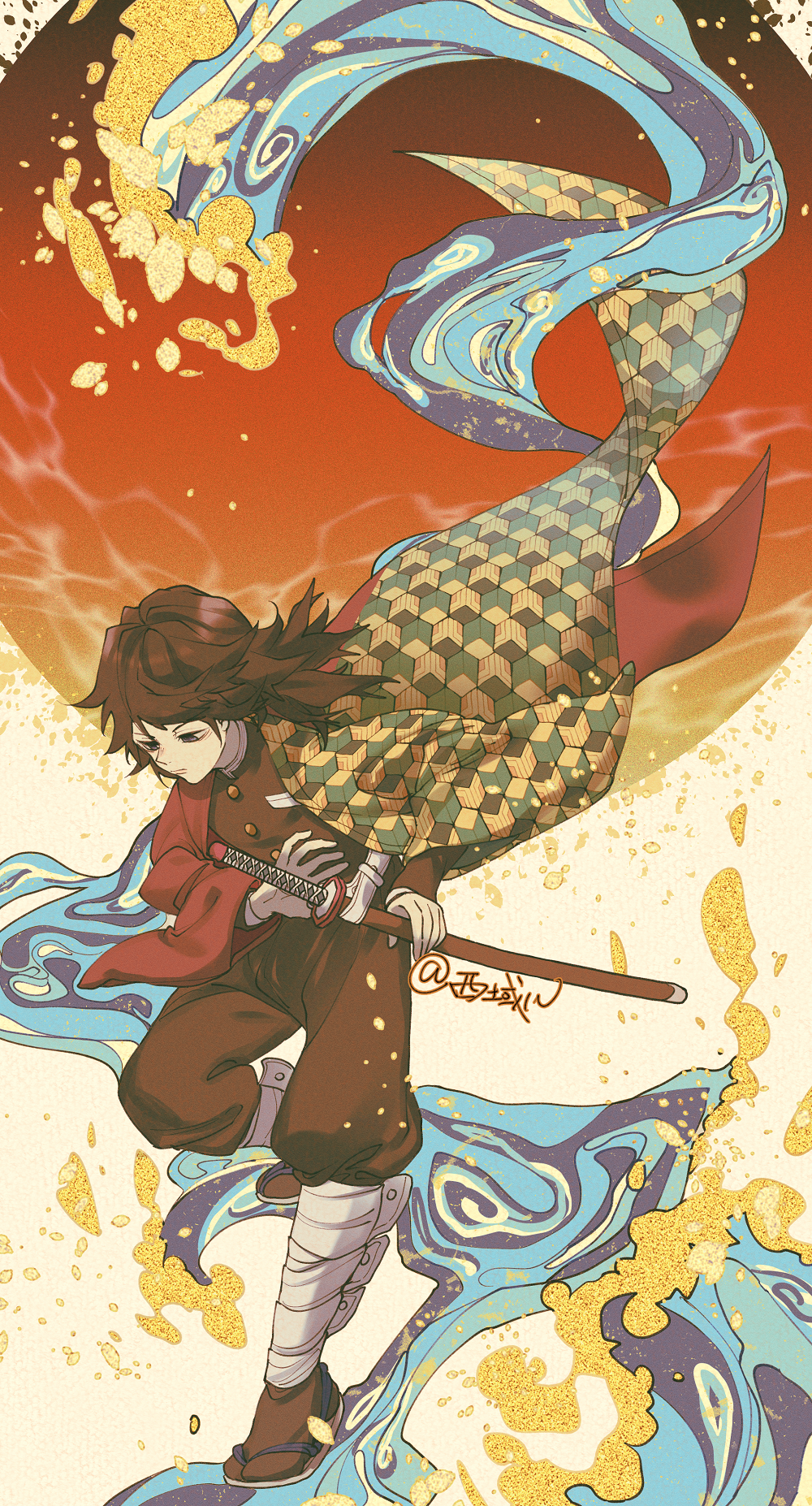1boy artist_name bandages belt black_hair black_pants closed_mouth demon_slayer_uniform fighting_stance full_body haori highres holding holding_sword holding_weapon jacket japanese_clothes katana kimetsu_no_yaiba long_hair long_sleeves male_focus pants ponytail ready_to_draw sandals sheath sheathed solo sword tomioka_giyuu unsheathing water waves weapon wide_sleeves xi_yuu