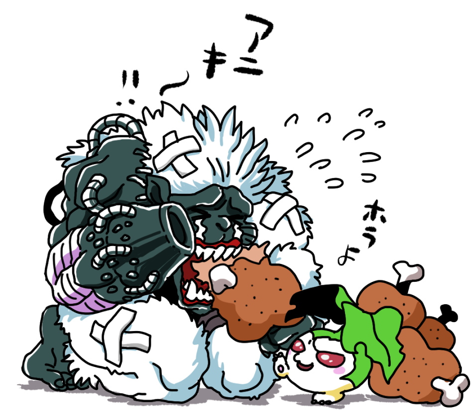 cannon closed_eyes digimon food gorimon leaf meat red_eyes sharp_teeth simple_background tanemon teeth white_background