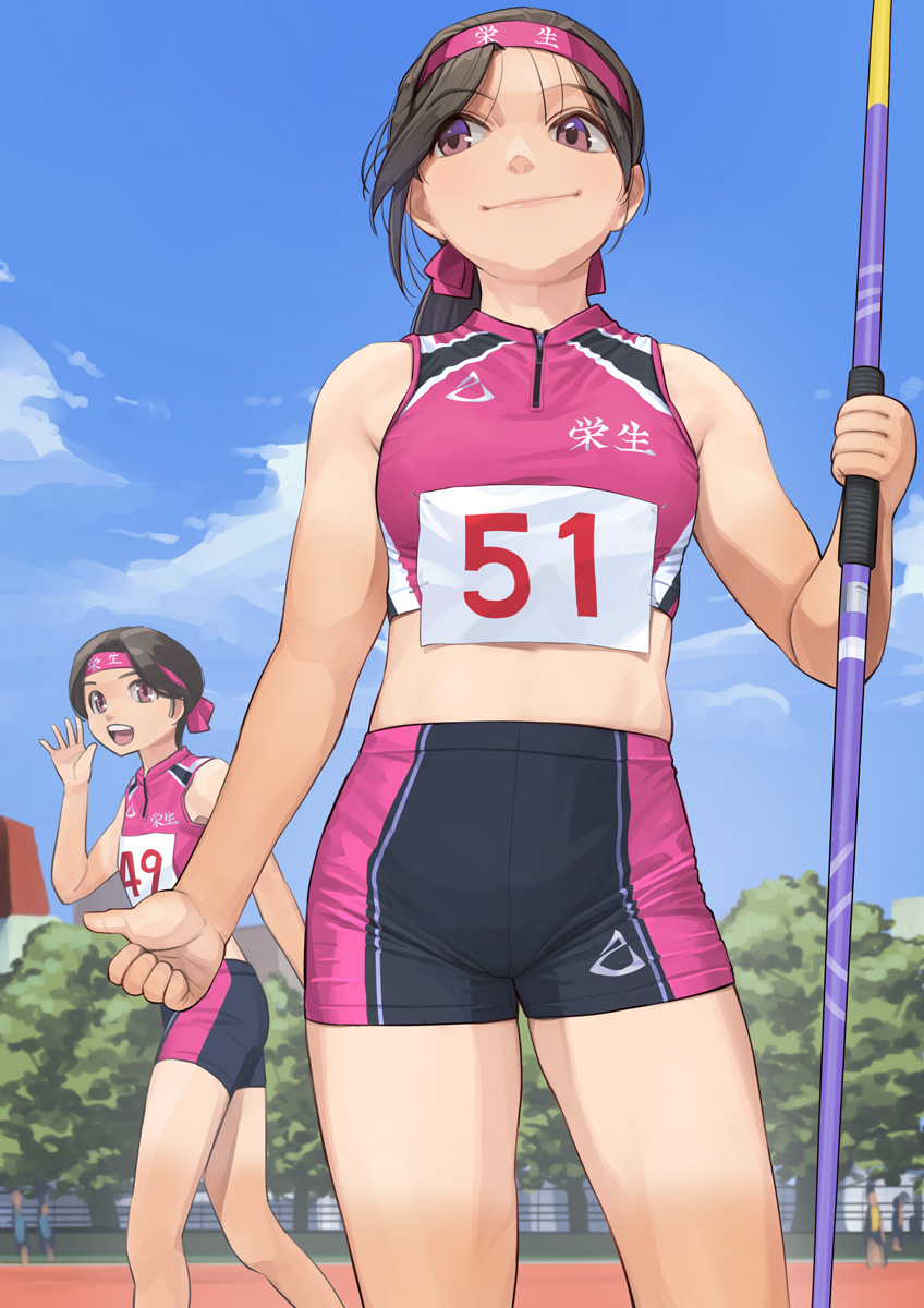 2girls day hand_up headband highres holding holding_polearm holding_weapon javelin_(spear) midriff multiple_girls open_mouth original otsu_natsu outdoors pink_headband polearm shorts smile sports_bikini sportswear tan tanline thumbs_up track_and_field tree weapon