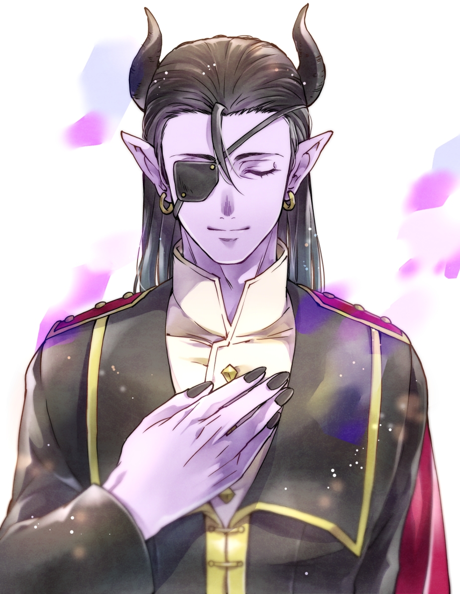 1boy black_hair black_nails blurry closed_eyes closed_mouth colored_skin commentary_request depth_of_field dragon_quest dragon_quest_x earrings eyepatch gold_earrings hand_on_own_chest hoop_earrings horns jewelry male_focus medium_hair mekeko najinn_(dragon_quest) pointy_ears purple_skin simple_background single_bang smile solo upper_body