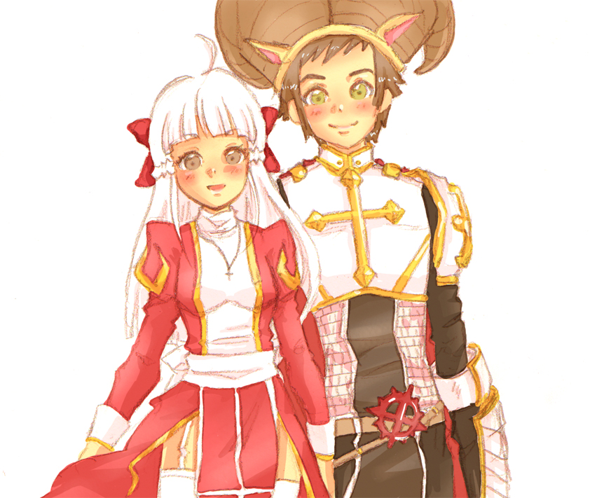 1boy 1girl ahoge armor black_shirt black_tabard blunt_bangs blush braid breastplate breasts brown_hair brown_horns chainmail closed_mouth commentary cowboy_shot cross cross_necklace cross_of_prontera dress english_commentary fake_horns garter_straps green_eyes half_up_braid high_priest_(ragnarok_online) horns jewelry juliet_sleeves long_hair long_sleeves looking_at_viewer lord_knight_(ragnarok_online) necklace open_mouth pauldrons pickacolour puffy_sleeves ragnarok_online red_dress sash shirt short_bangs short_hair shoulder_armor simple_background small_breasts smile tabard thighhighs two-tone_dress white_background white_dress white_hair white_sash white_thighhighs
