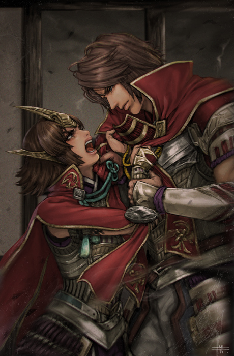 armor brown_eyes brown_hair cape clothes_grab holding_another&#039;s_wrist husband_and_wife japanese_clothes lips lipstick looking_at_another makeup mitsuya motion_blur open_mouth sengoku_musou shouting tachibana_ginchiyo tachibana_muneshige teeth tiara