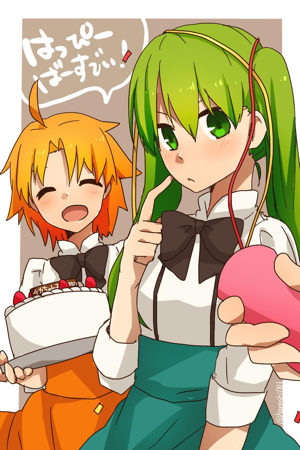 2girls ahoge aqua_skirt blush bow bowtie cake closed_eyes food green_eyes green_hair harahara_(harashi001) hibino_hibiki highres katsuragi_chikagi looking_at_viewer mahou_tsukai_no_hako multiple_girls orange_hair orange_skirt shirt shirt_tucked_in simple_background skirt smile streamers twintails white_shirt