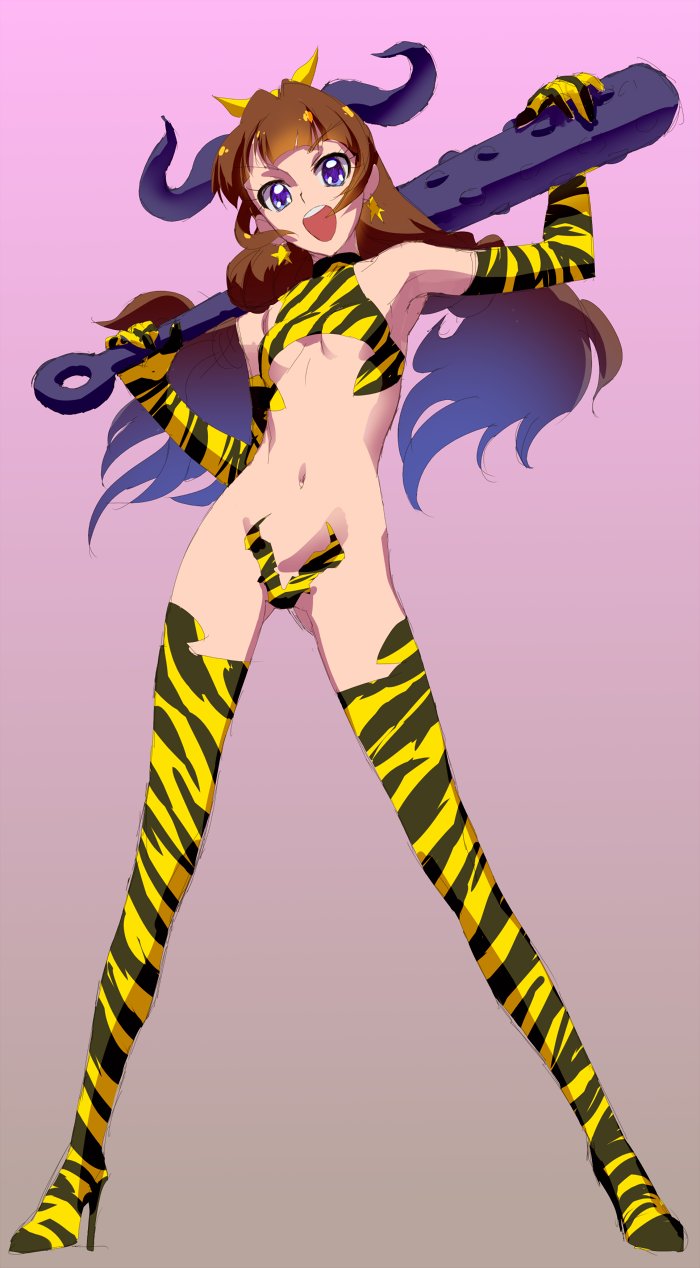 1girl amanogawa_kirara breasts brown_hair club club_(weapon) earrings go!_princess_precure highres horns jewelry kanabou long_hair looking_at_viewer maebari nadeara_bukichi navel oni open_mouth precure purple_eyes small_breasts smile solo star_(symbol) star_earrings thighhighs weapon
