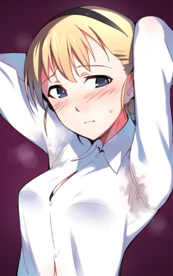 1girl armpits arms_up blonde_hair blue_eyes blush bra em_(totsuzen_no_hakike) female_focus hairband looking_at_viewer rosalie_de_hemricourt_de_grunne shirt simple_background smell solo strike_witches sweat sweat_stain underwear world_witches_series