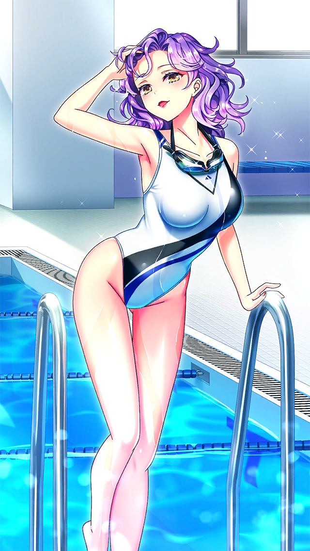 1girl armpits bare_arms bare_legs barefoot breasts collarbone competition_swimsuit doukyuusei doukyuusei_(series) doukyuusei_another_world game_cg gluteal_fold hand_in_own_hair indoors leaning_forward lens_flare long_hair looking_at_viewer medium_breasts naruse_kaori_(doukyuusei) official_art one-piece_swimsuit open_mouth pool pool_ladder purple_hair solo standing swimsuit thigh_gap wavy_hair white_one-piece_swimsuit yellow_eyes
