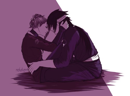 1boy 1girl covered_eyes facing_another full_body long_hair lowres naruto_(series) naruto_shippuuden noldien senju_symbol senju_touka uchiha_izuna uchiha_symbol