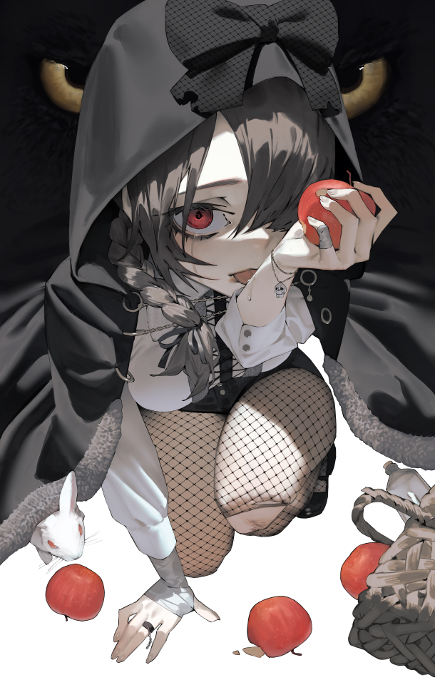 1girl animal apple bandaged_hand bandages basket black_bow black_cloak black_hair bow bracelet braid cloak fishnet_pantyhose fishnets food fruit hair_over_one_eye holding holding_food holding_fruit hood hooded_cloak jewelry long_sleeves looking_at_viewer mi8pq original pantyhose rabbit red_eyes shirt solo tongue tongue_out white_shirt