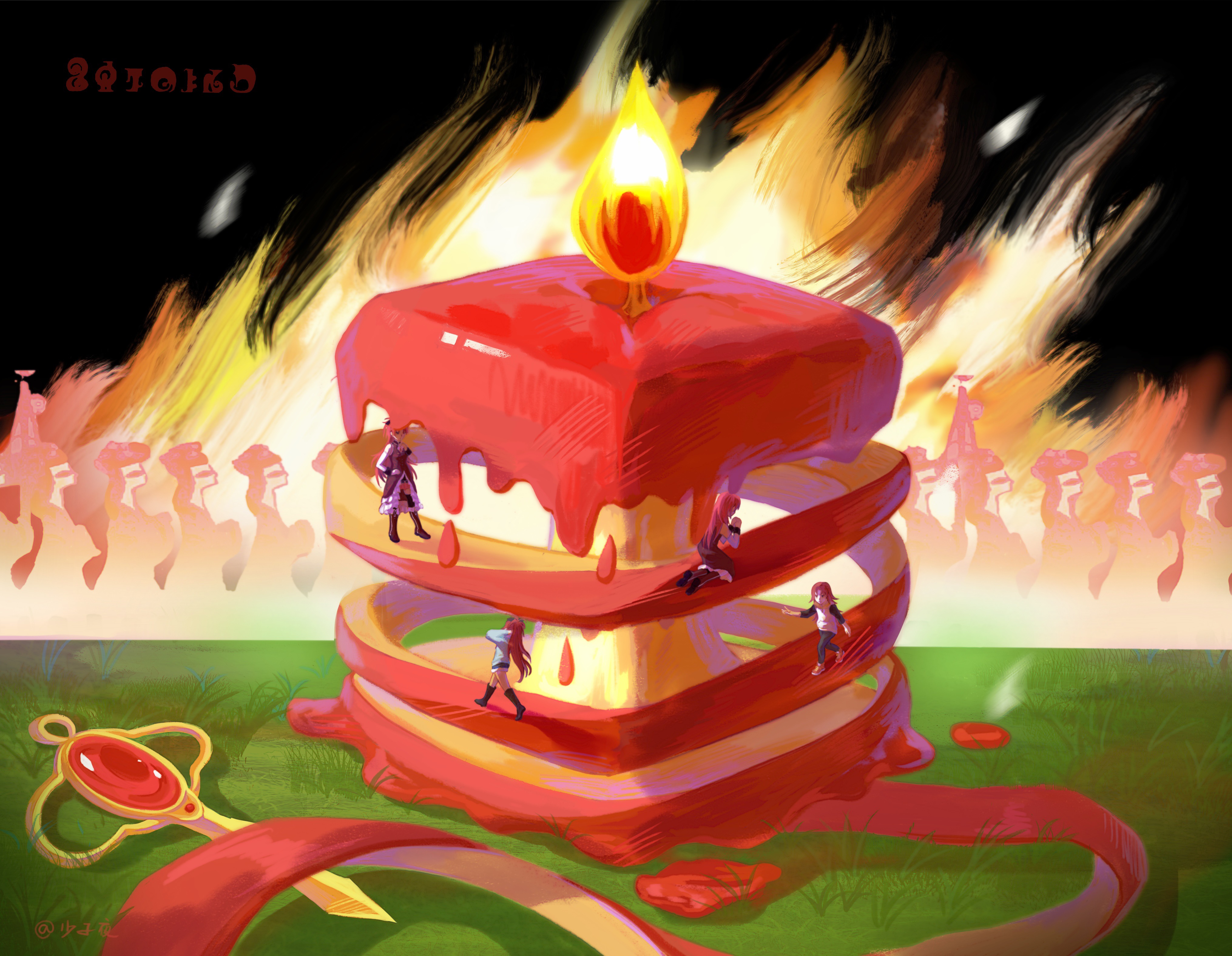 4girls absurdres age_progression aged_down apple apple_core artist_name burning candle dripping fire food fruit gem highres kneeling madoka_runes mahou_shoujo_madoka_magica mahou_shoujo_madoka_magica_(anime) multiple_girls multiple_persona red_gemstone red_hair sakura_kyoko sakura_kyoko_(magical_girl) shao_ziye time_paradox walking wide_shot