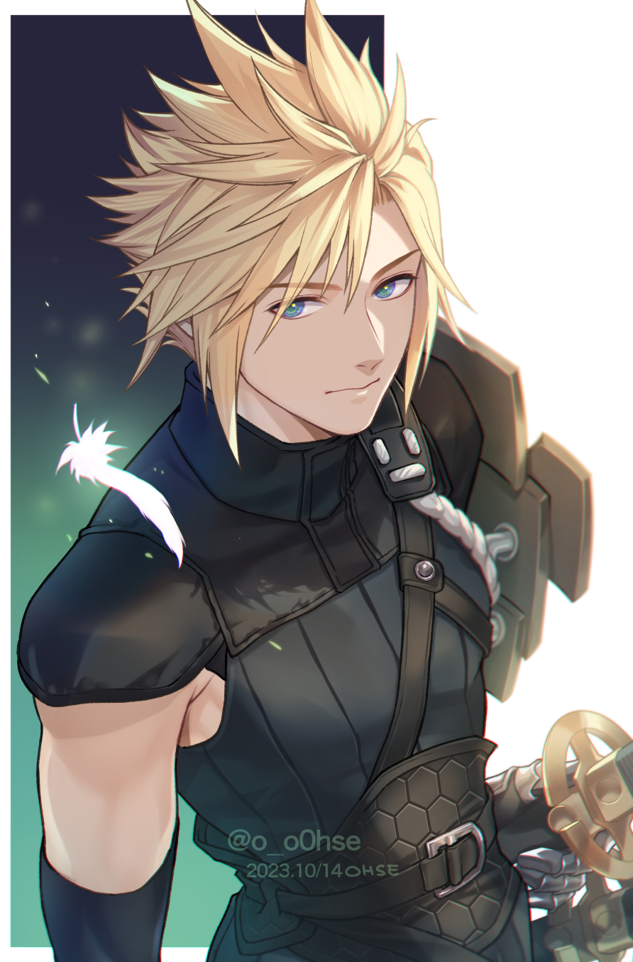 1boy armor belt belt_buckle black_gloves black_shirt blonde_hair blue_eyes buckle closed_mouth cloud_strife cloud_strife_(murasame) dated elbow_gloves falling_feathers feathers final_fantasy final_fantasy_vii final_fantasy_vii_ever_crisis gloves hair_between_eyes highres japanese_clothes katana male_focus official_alternate_costume ohse samurai sheath sheathed shirt short_hair shoulder_armor sleeveless sleeveless_shirt solo spiked_hair sword turtleneck twitter_username upper_body weapon white_feathers