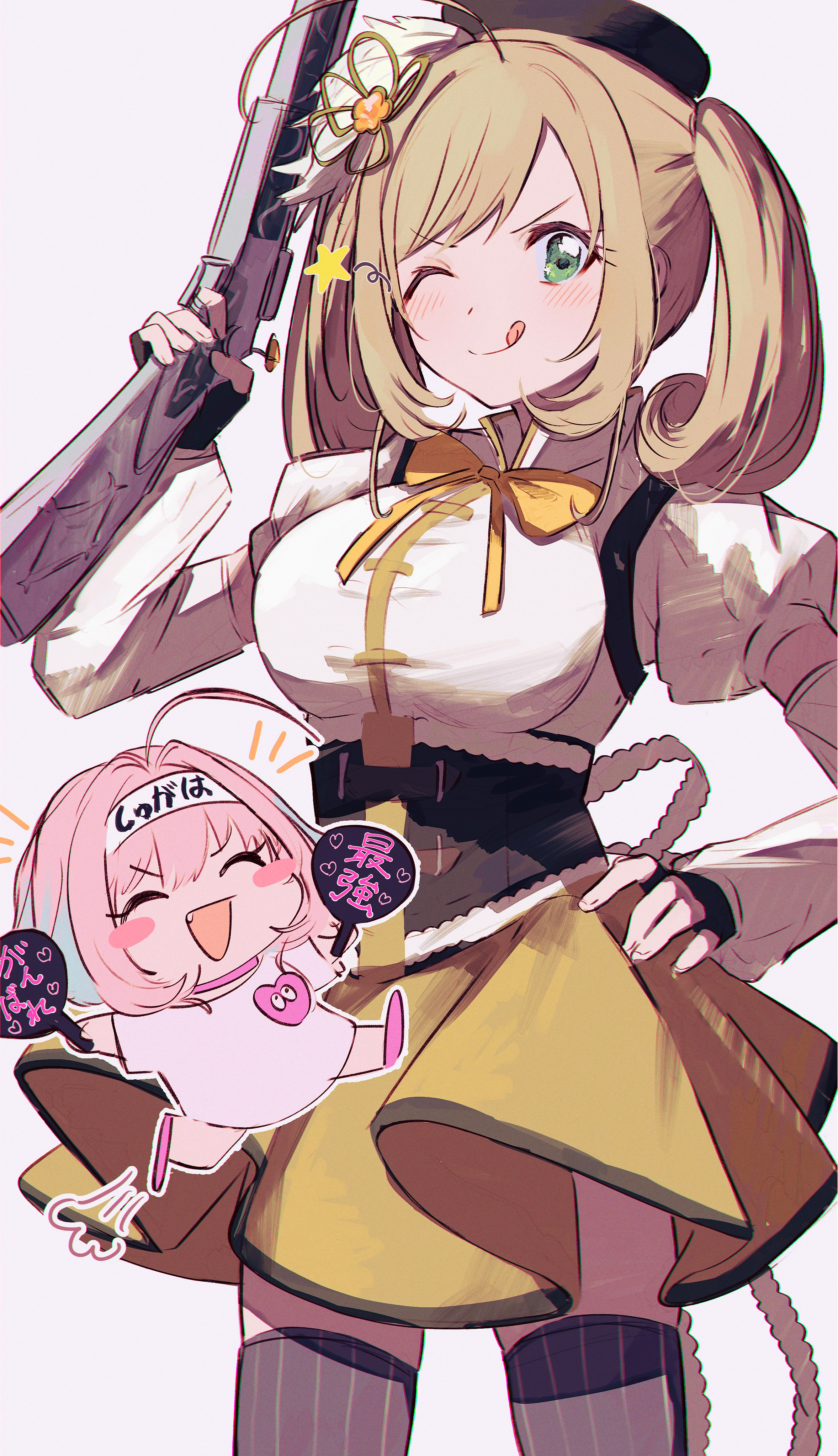 2girls ;q absurdres ahoge beret black_gloves black_headwear blue_hair blush_stickers breasts chibi closed_eyes cosplay detached_sleeves fingerless_gloves flower gloves green_eyes grey_background gun hair_flower hair_intakes hair_ornament hamachamu hand_fan hand_on_own_hip hand_up hands_up hat headband heart highres holding holding_fan holding_gun holding_weapon idolmaster idolmaster_cinderella_girls large_breasts licking_lips looking_at_viewer mahou_shoujo_madoka_magica mahou_shoujo_madoka_magica_(anime) multicolored_hair multiple_girls neck_ribbon no_pants one_eye_closed oversized_clothes oversized_shirt paper_fan pink_hair pink_shoes puffy_short_sleeves puffy_sleeves ribbon sato_shin shirt shoes short_sleeves simple_background star_(symbol) striped_clothes striped_thighhighs thighhighs tomoe_mami tomoe_mami_(cosplay) tomoe_mami_(magical_girl) tongue tongue_out twintails two-tone_hair uchiwa v-shaped_eyebrows vertical-striped_clothes vertical-striped_thighhighs weapon yellow_ribbon yumemi_riamu