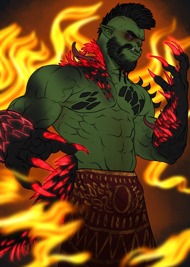 1boy abs bara beard black_skin colored_skin demon_boy facial_hair fingernails fire from_below from_side glowing glowing_eye glowing_nails gradient_skin green_skin large_pectorals long_mustache looking_ahead male_focus mature_male mohawk monster_boy movd_art muscular muscular_male mustache navel no_nipples open_hands orc original pectorals pointy_ears purple_eyes pyrokinesis red_nails sharp_fingernails short_hair solo stomach strongman_waist thick_eyebrows topless_male tusks veins veiny_arms