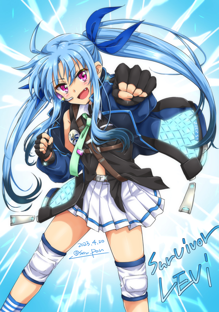 1girl artist_name black_gloves blue_hair blush breasts dated fang fingerless_gloves gloves hair_ribbon highres levi_the_slasher long_hair looking_at_viewer lyrical_nanoha lyrical_store mahou_shoujo_lyrical_nanoha mahou_shoujo_lyrical_nanoha_a&#039;s mahou_shoujo_lyrical_nanoha_a&#039;s_portable:_the_battle_of_aces miniskirt purple_eyes ribbon san-pon skirt small_breasts smile solo twintails